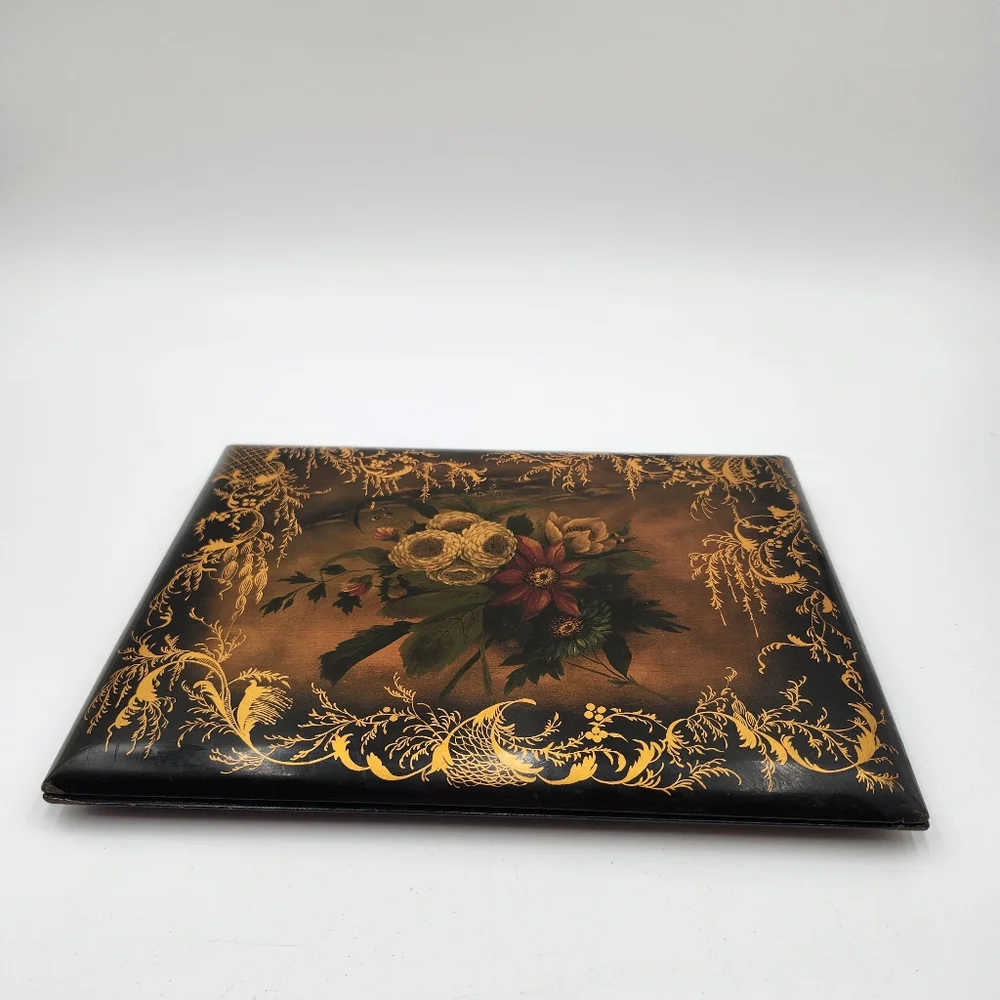 Antique ART Victorian Edwardian lacquer PAPIER MACHE BOOK COVER FLOWERS